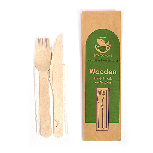 WOODEN CUTLERY SET - KNIFE, FORK & NAPKIN PACKS (100) picture